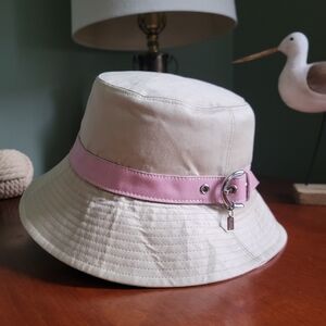 Coach Soho Bucket Hat Khaki Pink Canvas Leather Hat Y2K